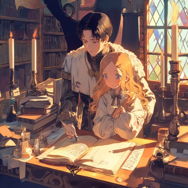 A 40 year old male scholar and an 18 year old female student sat in front of an English style table studying, with parchment, feather pens, candlesticks, and more placed on the table. The background is a medieval studio --ar 1:1 --niji 6