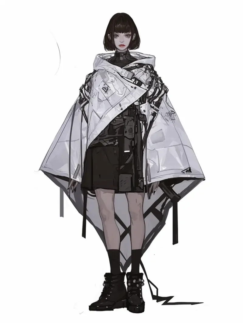 Full body fashion rendering, white clean background, female young female model, clothing incorporating architectural elements, dystopian high-end fashion, irregular structure, geometric elements, gray and white color scheme, character in the center, hand drawn style, detailed --ar 3:4 --niji 6