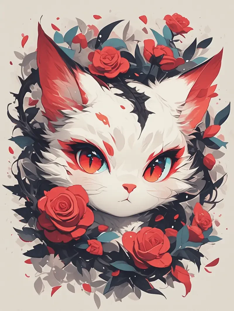 A cute white and red cat with water-like eyes, one red and one black, charming and enchanting. Surrounded by thorns and roses, it has a fantasy style and a playful anime style. It uses dark gray and light red, with playful cartoon illustrations in shades of dark gray and light red. It features a graffiti art style and presents a tattoo art style on a solid colored background --s 501 --ar 3:4 --niji 6