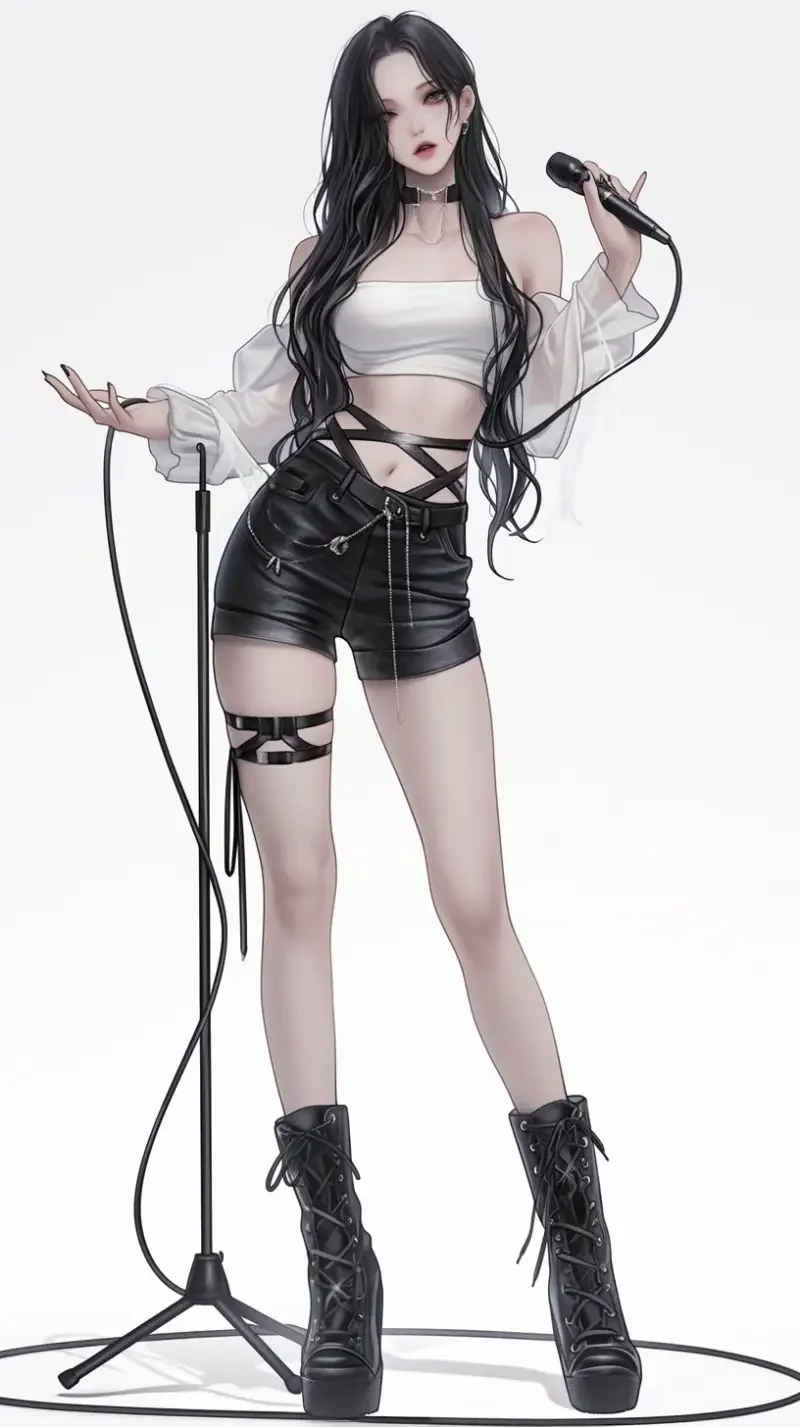 Kpop idol face, comic character, gothic style, singing, holding wireless microphone ((full body)), a beautiful woman wearing (white thin shoulder strap short top, belly), black shorts with exposed shoulders, long legs (black long hair), (standing), long curly hair, facing the camera, exquisite face, (white background), ultra high definition, ultra detailed, character design, (full body), (black Martin boots) --ar 9:16 --style raw --niji 6