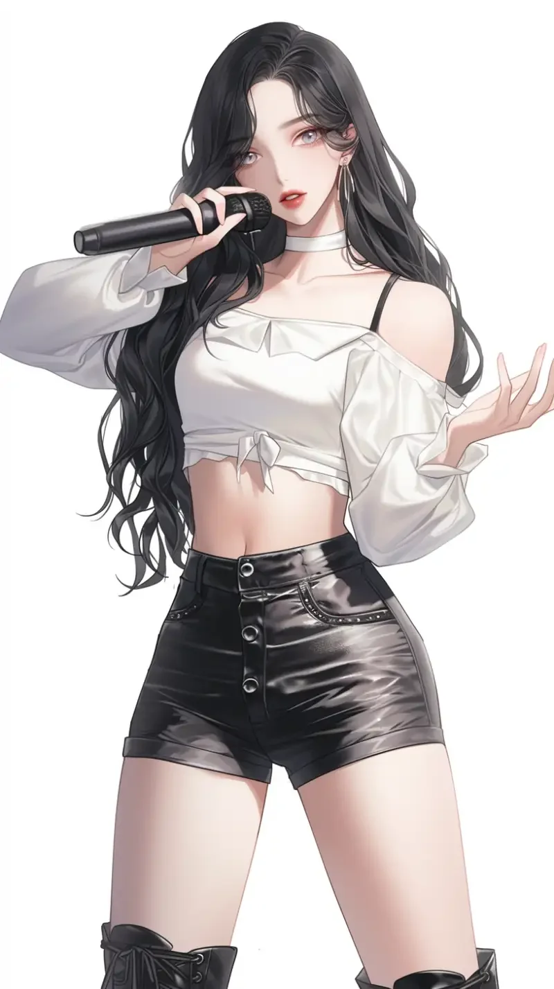 Kpop idol face, comic character, singing, holding wireless microphone ((full body)), a beautiful woman wearing (white thin shoulder strap short top, belly), black shorts with exposed shoulders, long legs (black long hair), (standing), long curly hair, facing the camera, exquisite face, (white background), ultra high definition, ultra detailed, character design, (full body), (black Martin boots) --ar 9:16 --style raw --niji 6