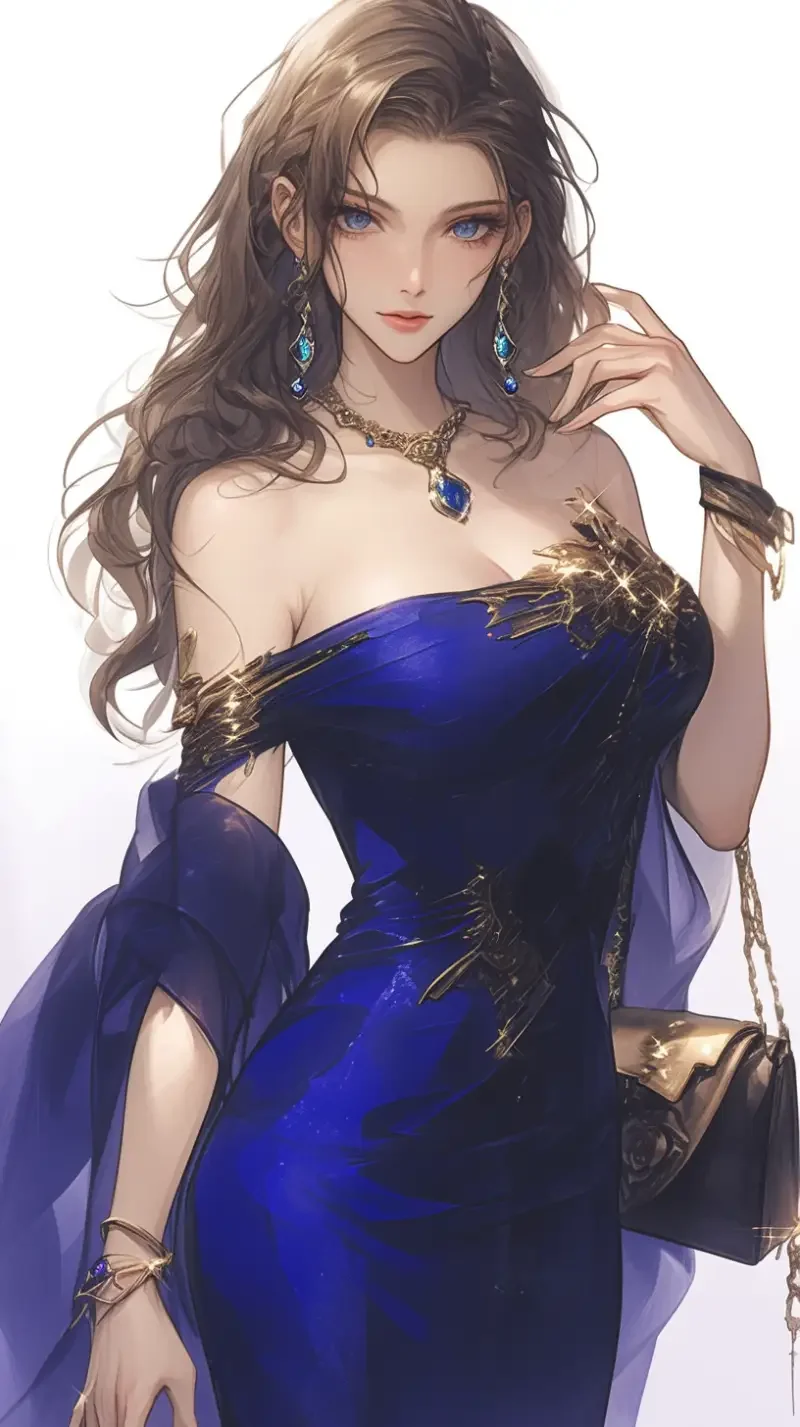 A woman wearing an evening gown has a mature temperament and a delicate face, holding a handbag --ar 9:16 --niji 6