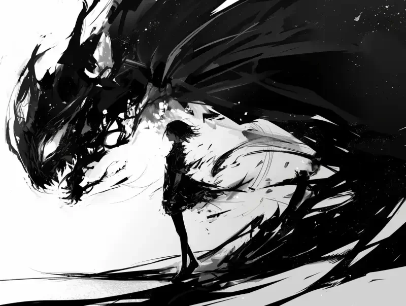 The silhouette of a game character suddenly zooms in or out of shape, dramatic, full body, black and white --ar 4:3 --niji 6