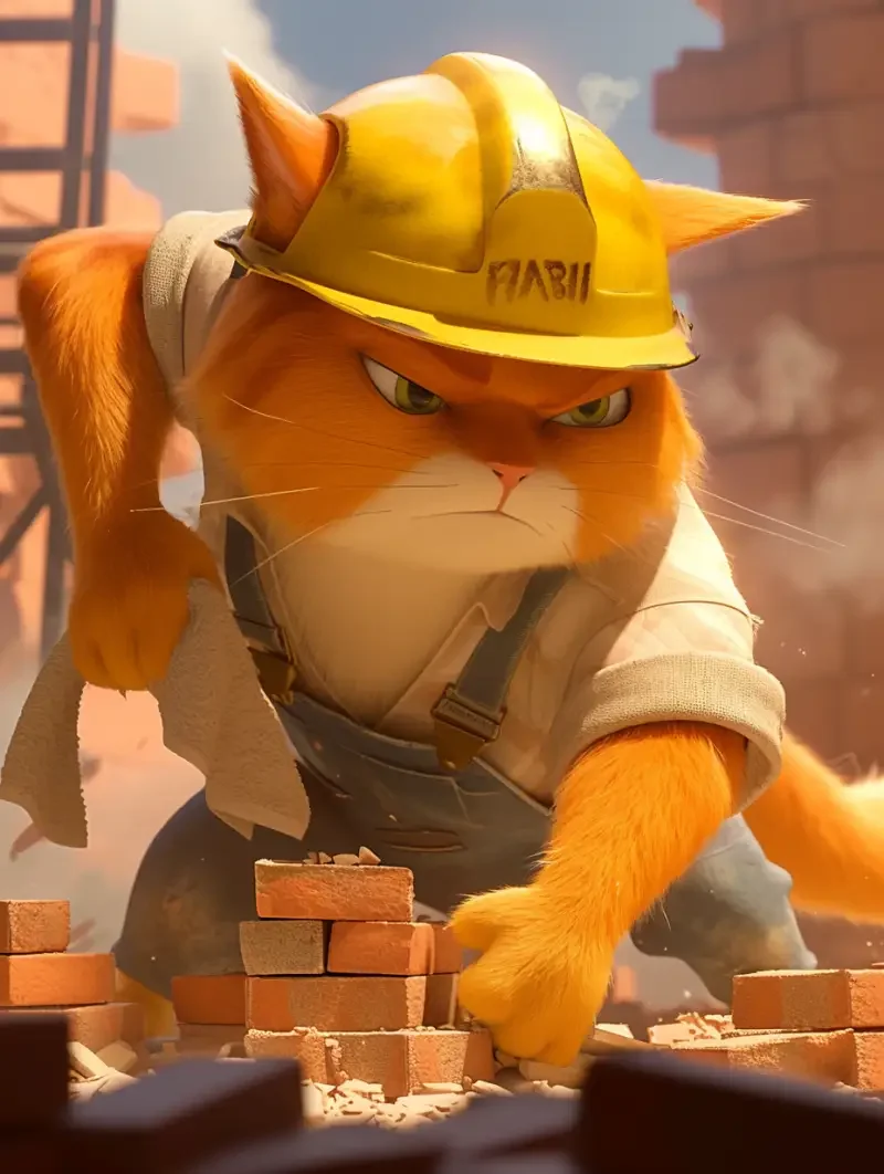 A anthropomorphic middle-aged orange cat father with thin skin and strong bones, dressed in the clothes of a construction worker, wearing a construction site safety helmet, and hanging a white towel around his neck, is moving bricks at the construction site. His forehead is sweating, his expression is vivid, and the colors are bright. He uses Pixar animation style 3 Dimensions rendering, panoramic and cinematic lighting shooting, showcasing high-quality details in a bright environment --ar 3:4 --niji 6