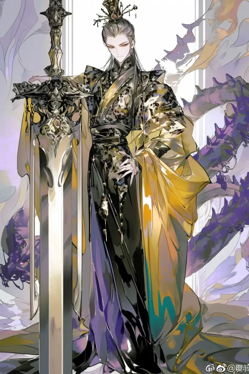 Game character design, male, full body portrait, front and back, flat style, ultra-high resolution, high details, black purple yellow color scheme, emperor, dressed in a gorgeous dragon robe, wearing a nine crown crown, holding a large sword, young and handsome face, noble, brown long hair, black eyes, black belly, strategizing --sref--ar 2:3 --niji 6