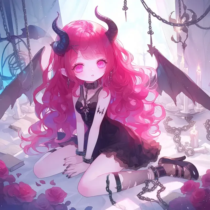 Kawaii anime style, cute, Q version, girl, long red curly hair, hair painted in great detail, devil's horns, small skeletal wings, good figure, black one piece swimsuit, good texture, shiny eyes, pink lips, lip rings, shiny rainbow Fritillaria, very detailed, Abby, leg rings, y2k, In the room, there are thick white blankets, candles, chains, and skeletons laid out --ar 1:1 --niji 6