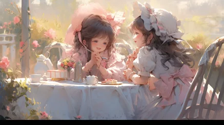 Two little girls, a garden, afternoon tea, bow headbands, delicate overall dresses, sitting, Western-style dresses, pink doll dresses, overall skirts, dolls, doll collars, cute faces, cute style, gothic fairytale vibe, adorable, cute, profile picture, oil painting texture, pink and blue color scheme. --s 201 --ar 16:9 --niji 5