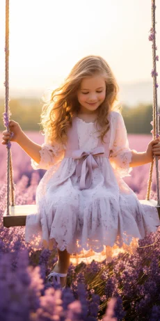 Swinging on a swing, a girl, lavender flower field. --ar 1:2 --style raw --v 5.2