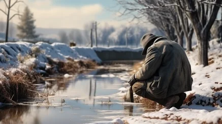 In the snowy winter, the farmer bends over by the small river, cupping water in his hands. 3D model. --ar 16:9 --style raw --v 5.2 --s 250