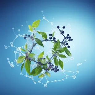 Chemical structural formula, plants, human health, blue background --ar 1:1 --style raw --v 5.2