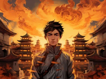 A Chinese teenager stands in the deserted city street, with a magnificent palace floating in the sky above his head. The palace combines ancient and modern architecture. On either side of him stand the legendary Chinese characters, Niu Tou Ma Mian, depicted in a comic book style. The city is filled with flickering lightning and flames. --ar 4:3 --v 5.2 --style raw