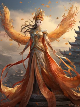 A woman from ancient China stands at the majestic top of the palace. She has long legs, dressed in gorgeous attire, and wears an exquisite golden headdress on her head. Above her head, mythical creatures, the Vermilion Bird and the Azure Dragon, soar and dance. --ar 3:4 --v 5.2 --style raw