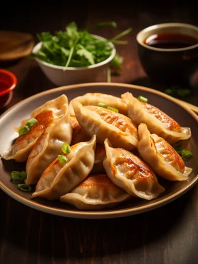 A plate of fried dumplings, Chinese cuisine, food photography, product photos, Canon 5D4 100mm lens, aperture F/2.8, ISO100, shutter speed 1/125, mouthwatering and tempting presentation, very realistic colors and comfortable lighting. --ar 3:4 --style raw --v 5.2