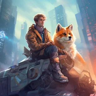 A handsome young man sits on a fox as big as an elephant, shuttling through the cyberpunk city. --ar 1:1 --v 5.2 --style raw