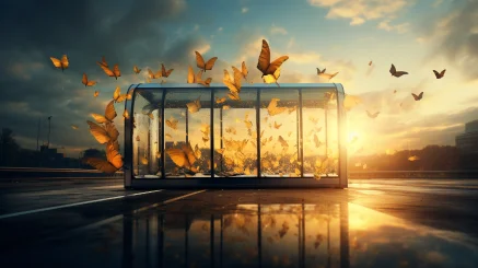 Outdoor bus stop, Butterfly, surrealism, high resolution, UHD, Futurism, Front view::4, Rule of Thirds composition::3, panorama::3, blue and yellow tones, Lens Flare --ar 16:9 --style raw --v 5.2