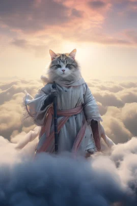 Surreal adventure, a cat wearing an ancient Hanfu and a white cloak with a veil blocking it, standing on a huge sword riding on a sea of clouds, prime time lighting, adventure and excitement, aerial photography, drones captured with DJIMAvic 2Pro --ar 2:3 --style raw --v 5.2