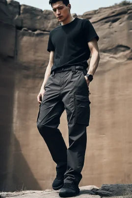 fashion portrait, a handsome Chinese man wearing grey cargo pants, hiking on the Great Wall, with a mountaineering cane in his hand, wearing hiking shoes, documentary photography, The Great Wall of China --iw 2 --ar 2:3 --style raw --v 5.2