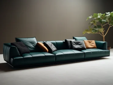 Create a sleek, multi-seater sofa with smooth lines, inspired by images. The sofa is upholstered in dark green genuine leather fabric, featuring a minimal interior design with attention to detail. It exudes a strong sense of weight and can be placed in various arrangements. The design is characterized by square shapes. --ar 4:3 --style raw --v 5.2