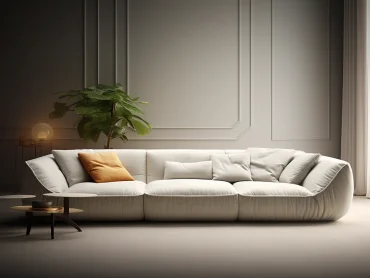 Create a sleek multi-seater sofa with smooth lines, inspired by images. The sofa is upholstered in off-white velvet fabric, showcasing minimal interior design. The wrinkled details add a touch of elegance. --ar 4:3 --style raw --v 5.2