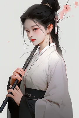 A 22-year-old Chinese girl, wearing a black and white gradient Hanfu, with a side profile and traditional Chinese clothing, holding a flute in her hand. Hanfu, plum blossom, flute, best quality, low saturation. --ar 2:3 --style expressive --niji 5