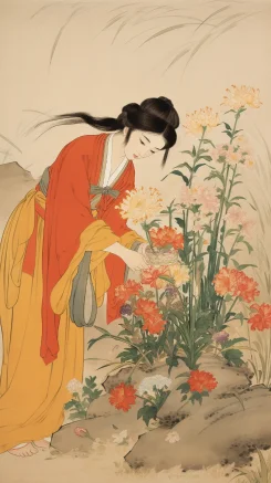 Ancient-style illustration of Lin Daiyu burying flowers. --no antiquity --ar 9:16 --style raw --v 5.2