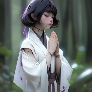 Chinese style, cute girl praying, short hair, hands folded, side face, wearing a purple white robe standing in the wild field in a sacred posture, light white and light silver styles, classical, carefully designed, 3D, c4d, Hyperdetailed, animated lighting, bokeh, perfect details, FHD --c 2 --ar 1:1 --style expressive --niji 5