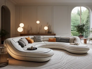 Take the picture as an example, create a clear line of demarcation, smooth lines of multi-bit curved sofa, requires a sense of thickness, beige color tone, striped lattice pillows, minimal interior design::3 --ar 4:3 --style raw --v 5.2 --s 250