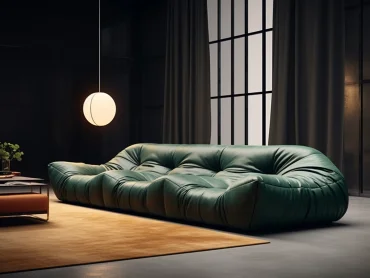 Using the image as a prototype, create a clear line of demarcation, smooth lines of the multi-position sofa, requiring a sense of thickness, dark green color tone, elephant ears sofa, minimal interior design::3 --ar 4:3 --style raw --v 5.2