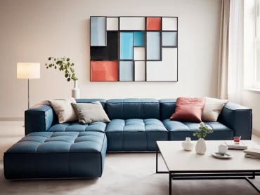 Using an image as an example, create a clear dividing line with a smooth, multi-position sofa that has a sense of thickness. The color tone should be ink blue, and fewer throw pillows should be placed for a minimal interior design. --ar 4:3 --style raw --v 5.2