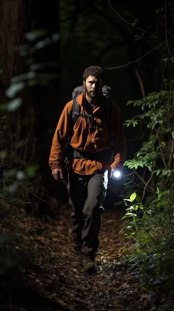 A man wearing a headlamp walking through the woods. --ar 9:16 --style raw --v 5.2