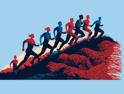 Seven men running on a hill, in red and blue shades, reflecting the feeling of struggle, the --s 246 --ar 4:3 --v 4