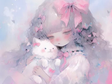 8-year-old girl, cat personification, cute girl, double ponytails, pink ears and tail, white doll dress, white bow tie on the head, exquisite pink doll dress, cute face, upper body, sitting, frontal, watercolor texture, oil painting texture, oil painting, Pastel::2, Dream colors --ar 4:3 --niji 5