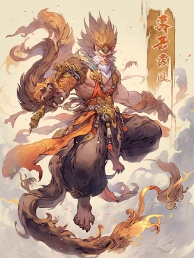 Chinese classical anthropomorphic mythical creature, golden monkey, majestic, standing, holding weapons, exquisite body structure, decorated with golden armor of locks, purple gold crown of phoenix wings, mythological theme, ink painting style, splash ink, dripping color, smooth and lively strokes, strong artistic expression, full of vitality and power, showing dynamic martial arts posture, full body portrayal --ar 3:4 --niji 5