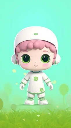 Turn him into 3D, refine him very perfectly, keep enriching this picture, to keep the original features, the theme color is green, to be very cute, 4K ultra high definition quality, with arms and hands, very adorable --s 44 --c 4 --seed 5 --stop 85 --iw 1.5 --ar 9:16 --style raw --v 5.2