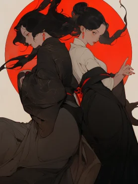 black hair, Takato Yamamoto, Rafael Albuquerque, Takeshi Obata, black hair, Yin, Yang --ar 3:4 --style expressive --niji 5