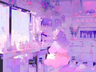 Lavender color, lovely desktop, white double ponytail, holding doll, pink Cat's ears (Steamed cat-ear shaped bread) and pink tail, white doll skirt, white bow tied on the head, lovely face, upper body, sitting, front, watercolor texture, oil painting, pastel:: 2, oil painting:: 3, surrealist style, low saturation, Lavender tones::3 --s 93 --ar 4:3 --niji 5