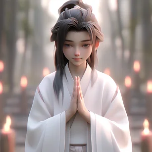 Chinese style, cute and handsome boy, ancient hairstyle with long hair, hands folded, front face, wearing a pink white robe, standing in a sacred position on the ground, light white and light silver styles, classical, background illusion, carefully designed, 3D, c4d, Hyperdetail, animated lighting, defocus, perfect details, FHD ar 1:1 niji 5-ar 1:1 ni ji 5 --ar 1:1 --niji 5