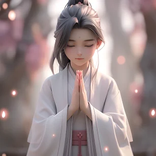 Chinese style, cute and handsome boy, long hair, hands folded, front face, wearing a pink white robe, standing in a sacred position on the ground, light white and light silver styles, classical, background illusion, carefully designed, 3D, c4d, Hyperdetail, animated lighting, defocus, perfect details, FHD-ar 1:1 niji 5-ar 1:1 ni ji 5 --ar 1:1 --niji 5