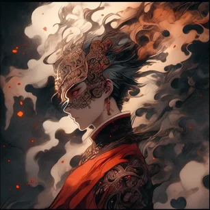 The red-haired youth exhales black smoke from his mouth, enveloping the surroundings. UHD, 16K, high resolution, cinematic style, Chinese opera mask. --ar 1:1 --niji 5