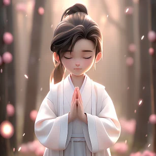 Chinese style, cute and handsome boy, long hair, hands folded, front face, wearing a pink white robe, standing in a sacred position on the ground, light white and light silver styles, classical, background illusion, carefully designed, 3D, c4d, Hyperdetail, animated lighting, defocus, perfect details, FHD - ar 1:1- niji 5 --ar 1:1 --niji 5