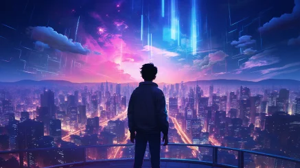 In a futuristic city, a black-haired teenager stands at the top of a magnificent skyscraper. He slightly opens his mouth, emitting purple smoke that swirls around him like an illusion. This city is filled with advanced technology and innovative architectural designs, with each building shining in futuristic colors. The night sky is illuminated by neon lights, making the entire city resemble a surreal dream. --ar 16:9 --style raw --v 5.2