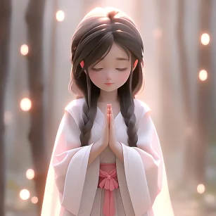 Chinese style, cute girl, ancient hair, hands folded, front face, wearing a pink blue white robe, standing on the ground in a sacred position, light white and light silver styles, classical, background illusory, carefully designed, 3D, c4d, Hyperdetail, animated lighting, bokeh, perfect details, FHD --ar 1:1 --niji 5