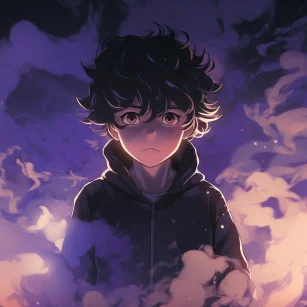 The black-haired boy spits out purple smoke swirling around him, Akira, UHD, cinematic style, 16K. --ar 1:1 --style raw --v 5.2