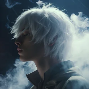 The young man with white hair exhales white smoke from his mouth, surrounded by it. Akira, UHD, cinematic style, 16K. --ar 1:1 --style raw --v 5.2