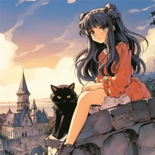 Twin-tailed girl, castle, cat, gothic, Dream colors, Rumiko Takahashi::5 --ar 1:1 --style raw --v 5.2