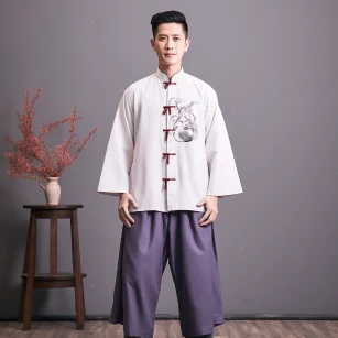 New Chinese-style men's clothing design, simple and elegant, suitable for a folk music ensemble. --ar 1:1 --style raw --v 5.2