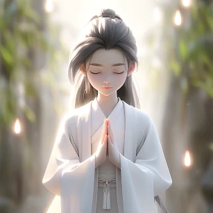 Chinese style, cute boy praying, long hair, hands folded, front face, wearing a pure white robe, standing on the ground in a sacred position, light white and light silver styles, classical, with illusory background, carefully designed, 3D, c4d, Hyperdetail, animated lighting, bokeh, perfect details, FHD --ar 1:1 --niji 5