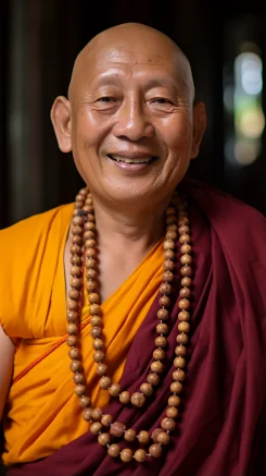 A chubby and kind-hearted old monk, very knowledgeable and wise, wearing a Buddhist bead necklace around his neck, a close-up photo of him during the day in the temple. --ar 9:16 --style raw --v 5.2