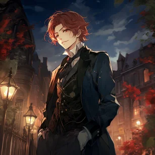 Light novel illustrations, red hair and red eyes, male high school student, Victorian era, city, night, product photography, front view, full body, rich details, Hiroshi Haimura. --ar 1:1 --v 5.2 --style raw