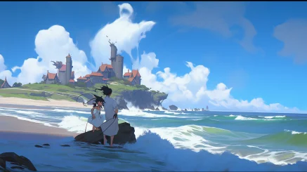 The turbulent sea, blue sky, white clouds, clear weather, waves, scenery, 2D, comics, cartoons, Chinese style, Best quality, UHD, 16K, high resolution, Tales from Earthsea, Spirited Away, Moe anime style, Kawaii anime style, Little Witch Academia, River, beach background::7, Best quality, UHD, 16K, high resolution, Tales from Earthsea, Spirited Away, Moe anime style, Kawaii anime style, Little Witch Academia, River, beach background::7, vanishing point, First-person view, panorama, Vanishing point composition. --no äººç© --ar 16:9 --style expressive --niji 5